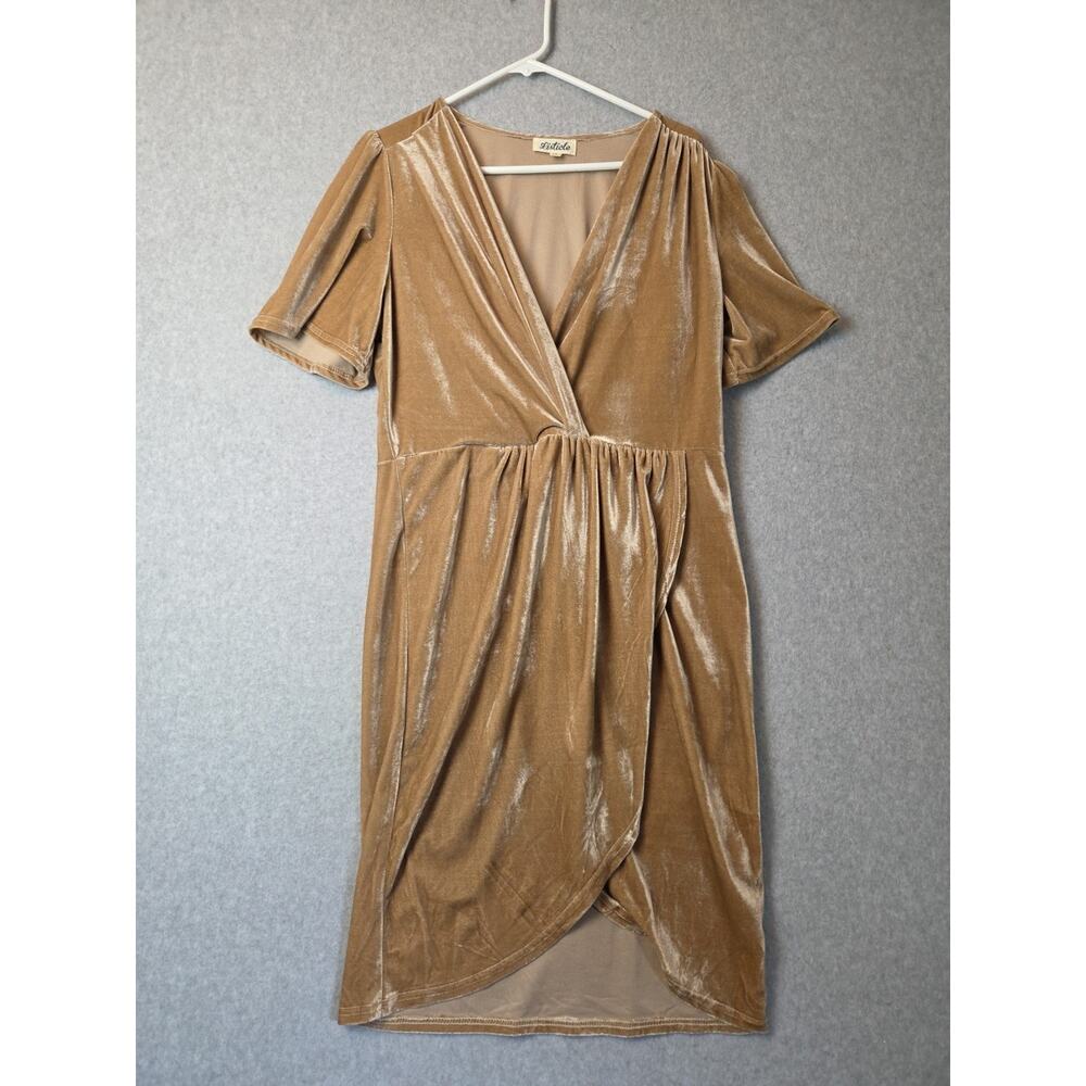 Listicle Gold Velvet SS Surplice Faux Wrap Tulip Hem Midi Dress Womens L Stretch